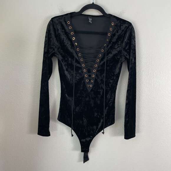 Vintage Y2K Windsor Womens Medium Black Velvet Lace Up Bodysuit Goth Vamp - Picture 9 of 12